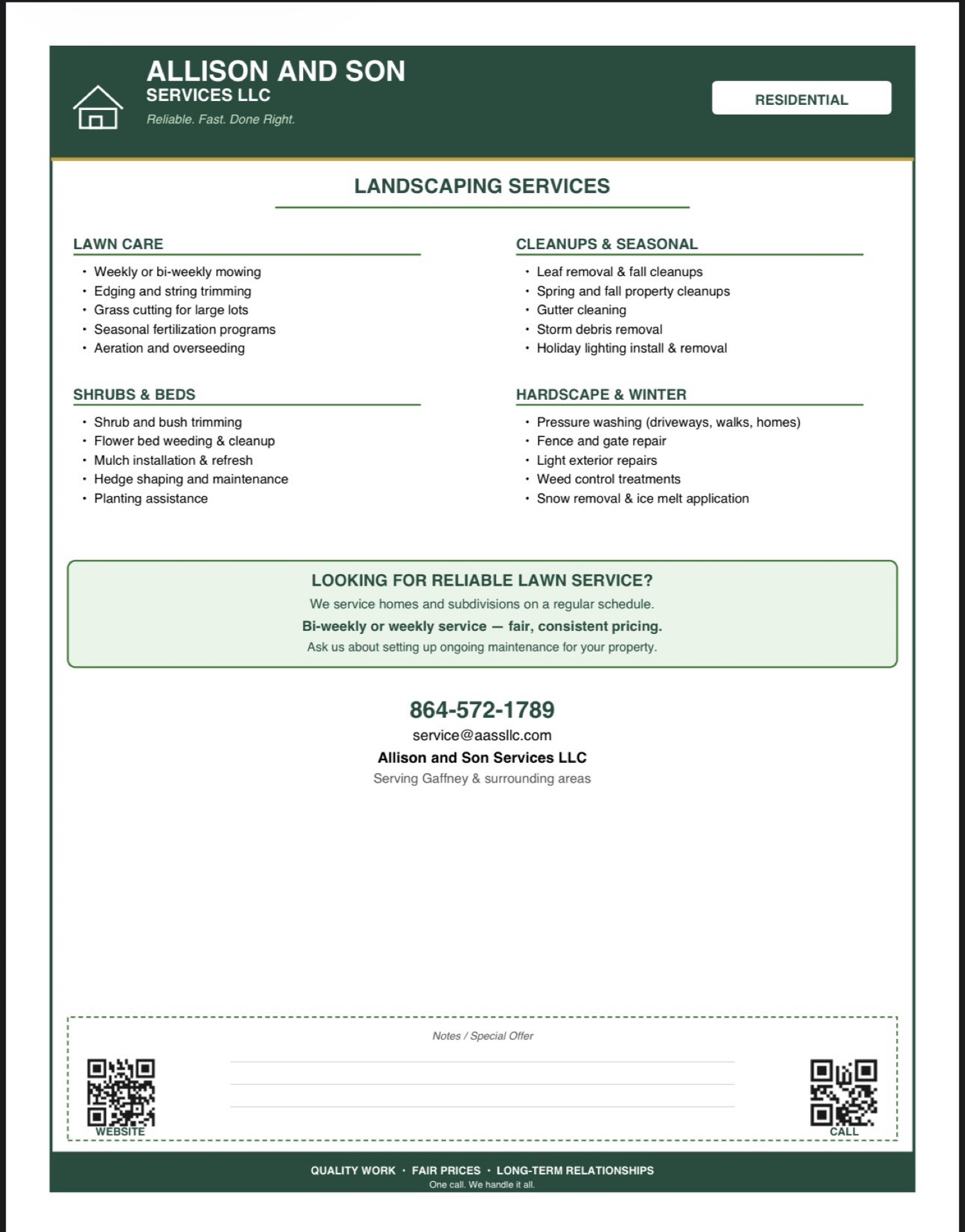 Landscaping Services flyer — Allison & Son, Gaffney, SC